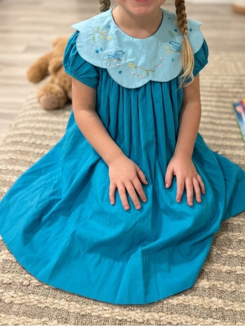 The Proper Peony Girls Teal with Embroidered Collar Dress